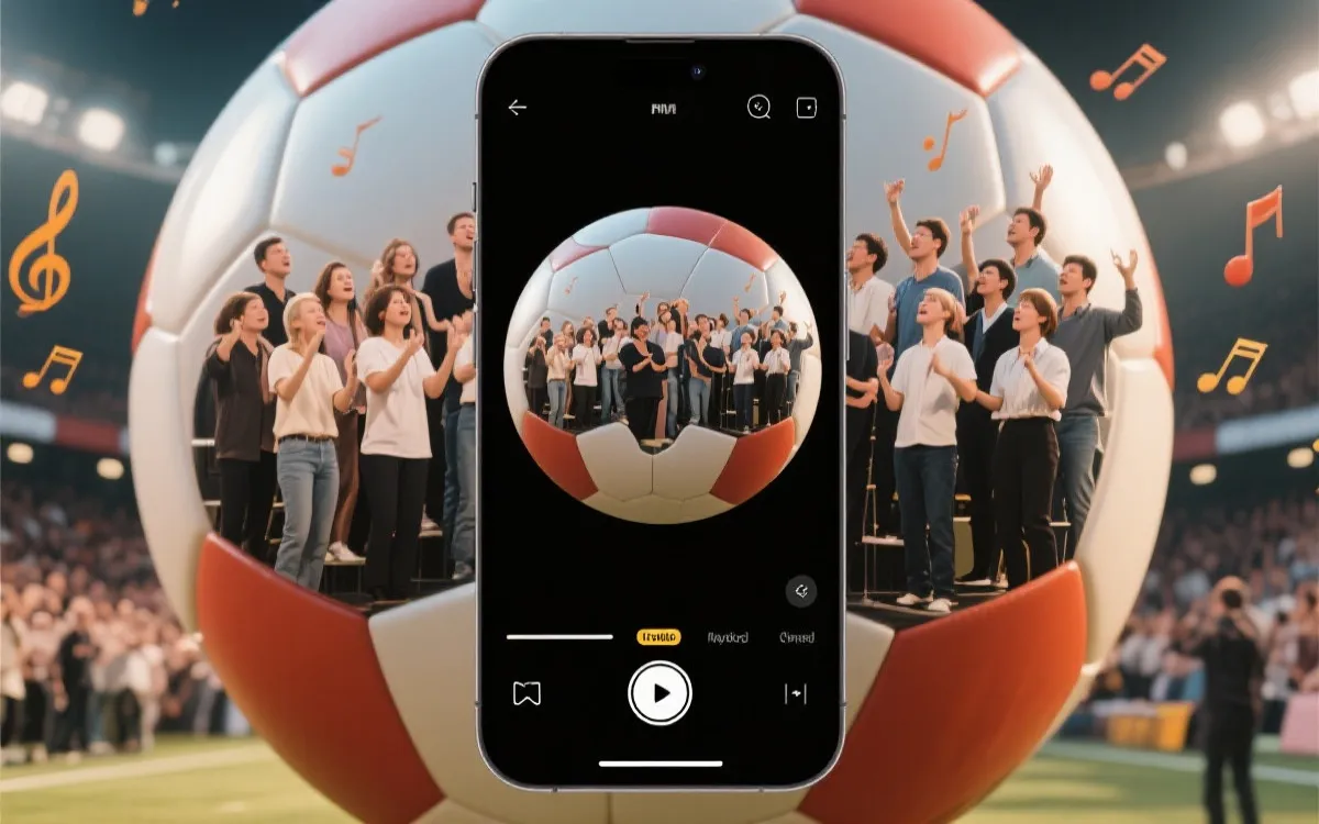 手机短视频界面叠加球迷合唱场景，体现世界杯主题曲在社交平台传播