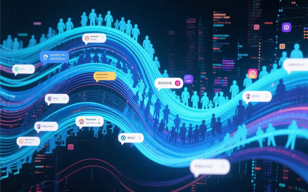 社交媒体热搜与评论流的抽象可视化，体现情绪与算法放大